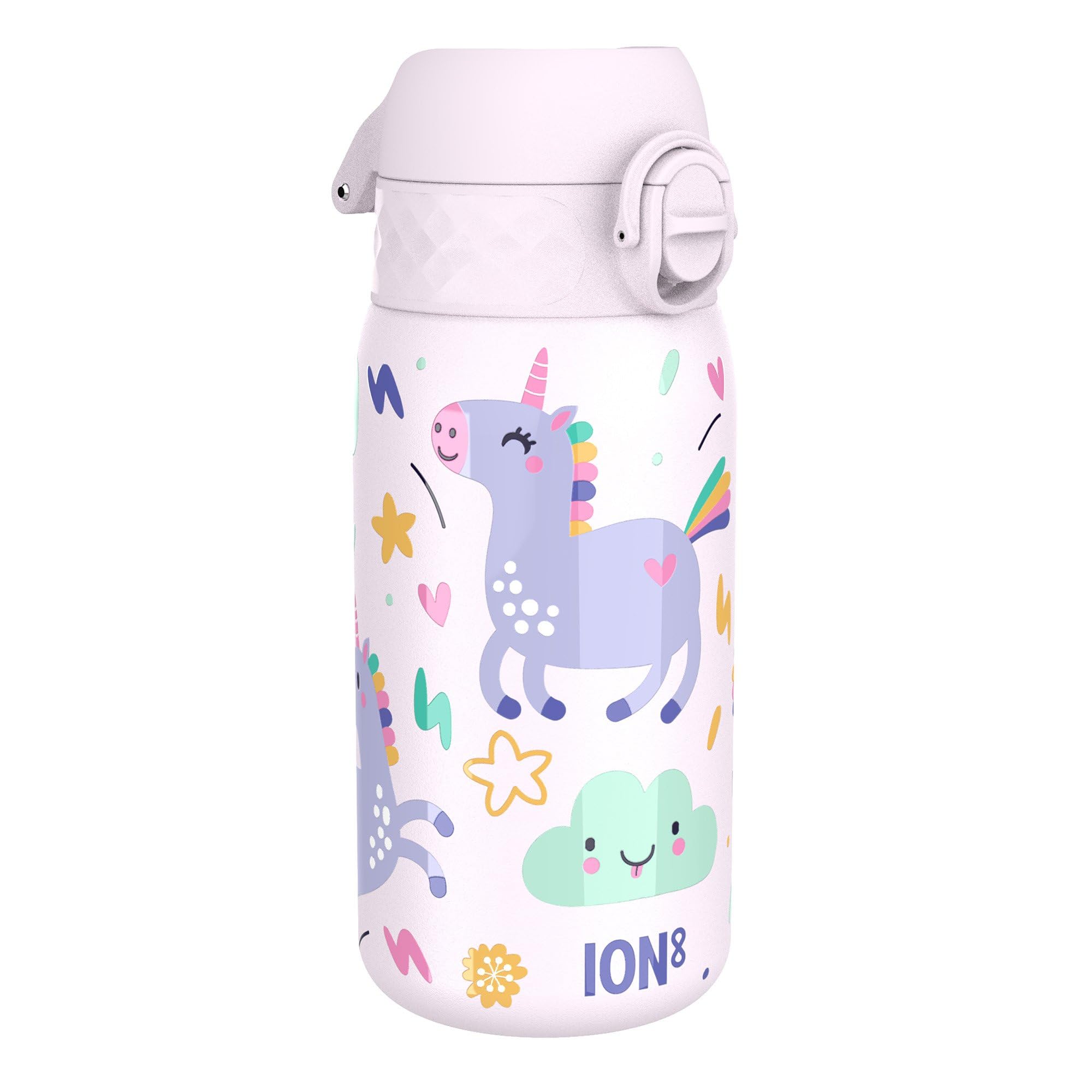 Ion8 Insulated Steel Water Bottle, 320 ml/11 oz, Leak Proof, Easy to Open, Secure Lock, Dishwasher Safe, Carry Handle, Flip Cover, Metal Water Bottle, Raised Print, Stainless Steel, Pink Unicorns