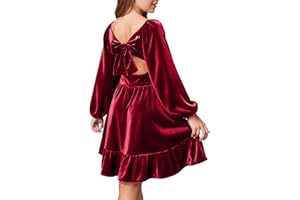 WIFFGO Girls Christmas Dress Fall Velvet Tie Back Long Sleeve Elegant Party Gifts for Outfits Kids Teen Winter Dresses