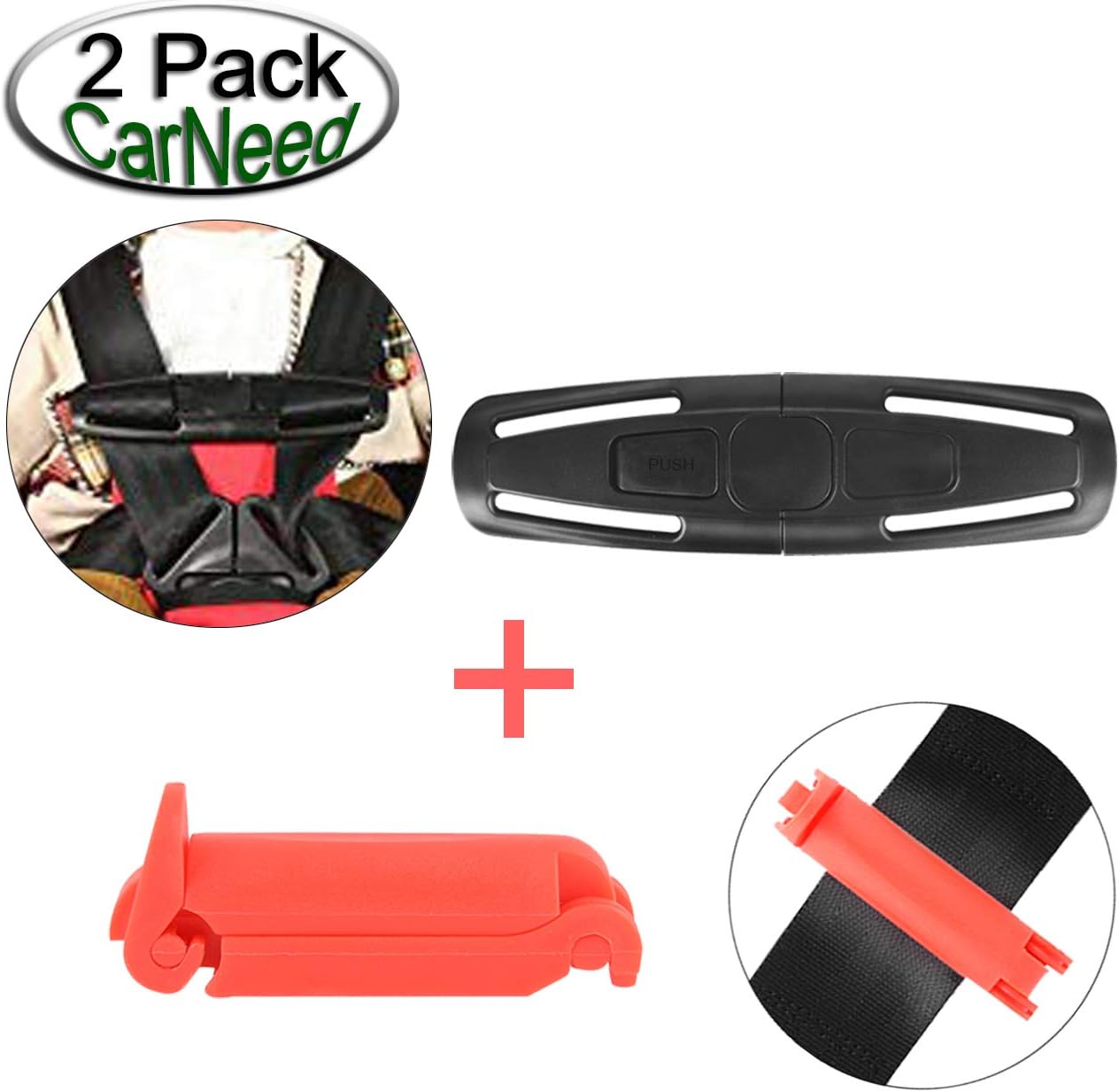CarNeed 1 Pack Baby Chest Harness Clip, Universal Seat Chest Clip Guard, Black Lock Tite Stroller Chest Clip with 1 Pack Red Car Seat Belt Clip Buckle for Baby