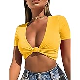 Mizoci Women's Sexy Knot Front Crop Top Deep V Neck Short Sleeve Basic Casual T Shirt
