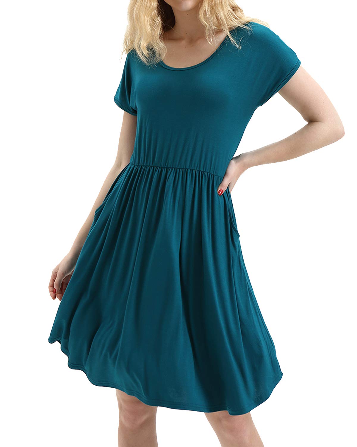 HUALAIMEI Pleated Dresses for Women, Ladies Scoop Neck Short Sleeve Vintage Midi Dress Casual Long Tunic with Pockets Knee Length Shirts Dark Cyan L