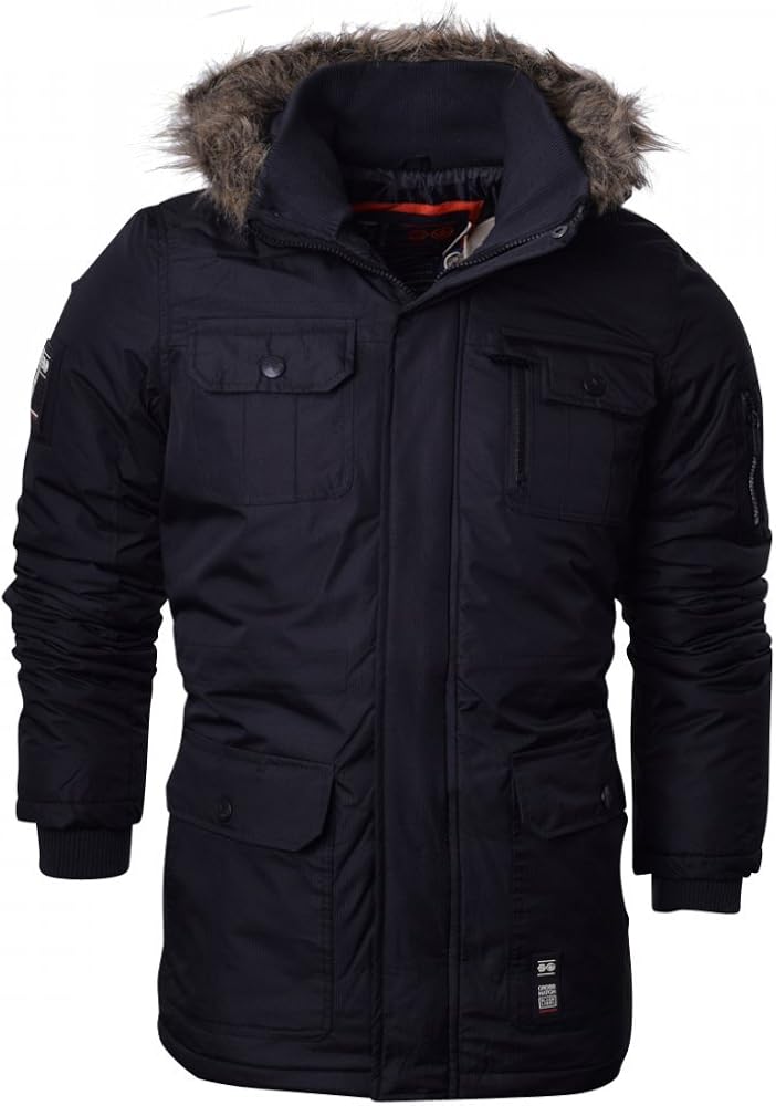 Men's Crosshatch Long Parka Coat Padded Faux Fur Hooded Winter Jacket | UK
