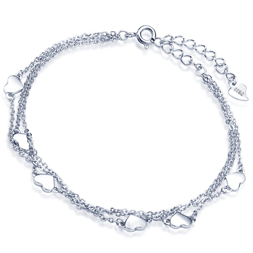 Yumilok 925 Sterling Silver Women Charm Bracelet Hearts 3 Strand Bracelets Link Bracelet Hand Chain with Extension