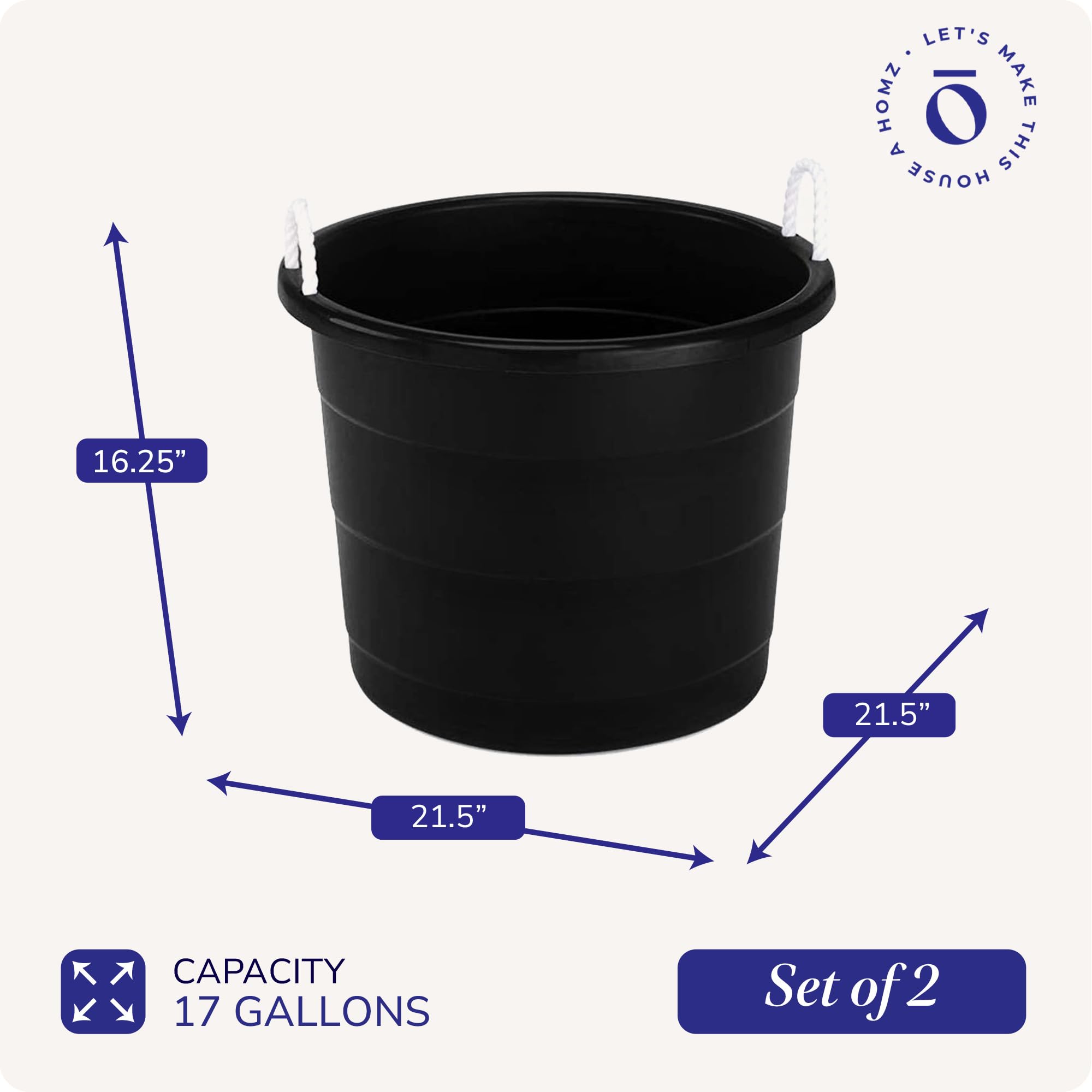 HOMZ 2-Pack Utility Tub, Large Plastic Storage Bucket with Rope Handles, 17 Gallon, Black - Portable Indoor and Outdoor Buckets for Kitchen, Laundry, Garden, Bathroom, and Garage Organization