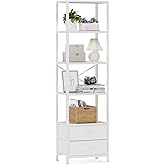 Furnulem 5-Tier Corner Shelf, Narrow Bookshelf with 2 Storage Drawers, Tall Bookcase, Wood Display Standing Shelf Organizer Unit for Living Room, Bedroom, Metal Frame(White)