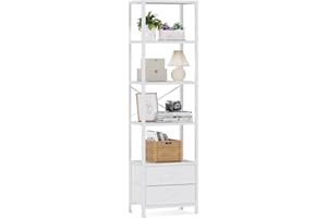 Furnulem 5-Tier Corner Shelf, Narrow Bookshelf with 2 Storage Drawers, Tall Bookcase, Wood Display Standing Shelf Organizer Unit for Living Room, Bedroom, Metal Frame(White)