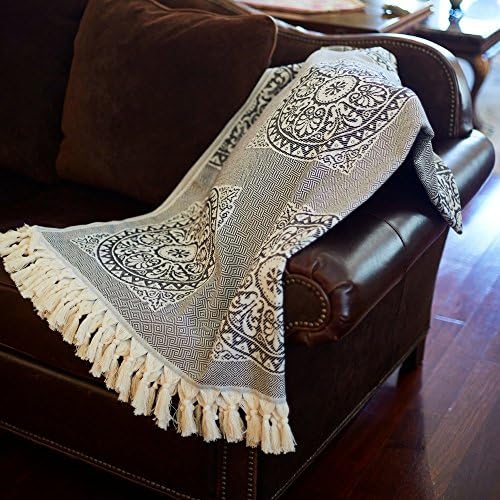 Throw Blanket for Couch Adults Kids Bed 100% Natural Cotton Decorative Throw with Handmade Fringe Tassels - 88"L x 60"W (Black)