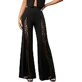 WDIRARA Women's Contrast Lace Flare Leg High Waisted Dressy Loose Elegant Pants