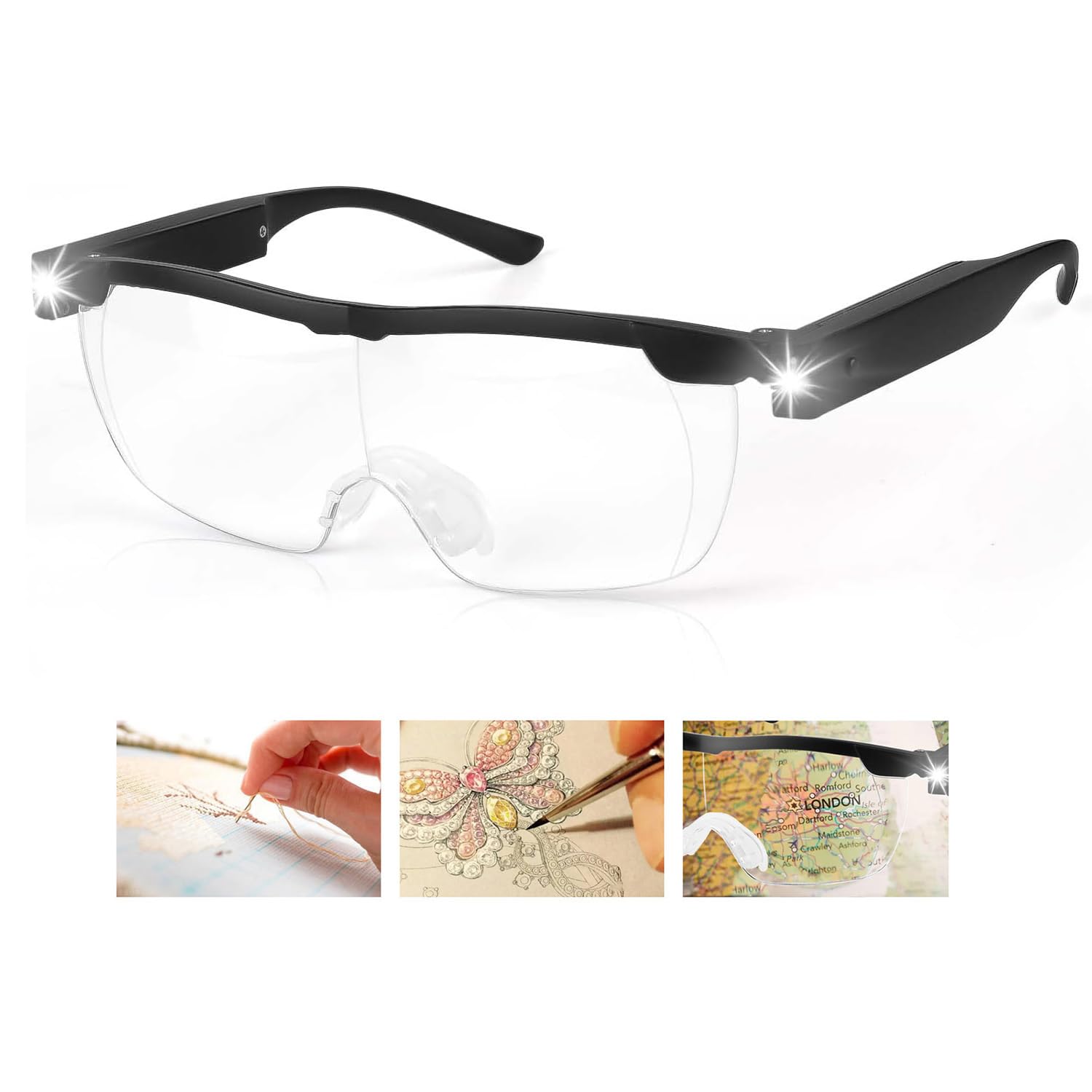 Magnifying Glasses with Lights, 200% LED Reading Wearable Glasses, Hands Free Rechargeable Lighted Magnifier Eyeglasses for Hobbies, Reading, Close Work, Crafts, Jewellers (Black)