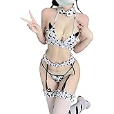 KJSUHFN Women Anime Milk Cosplay Bikini Set - Kawaii Bra & Panty with Garter Belt & Stockings