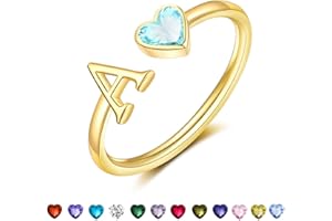 GLEZZA Initial Rings for Women Teen 14K Gold Plated Birthstone Rings Stackable Dainty Letter Rings Christmas Birthday Birthstone Jewelry Gifts for Mother Daughter,Adjustable Size 5-10