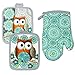 Kitchen Towel Linen Set of 7 Pieces Owl Design Turquoise Blue & Green Modern | 2 Kitchen Towels 2 Potholders, 1 Oven Mitt and 2 Dishcloth (Turquoise)