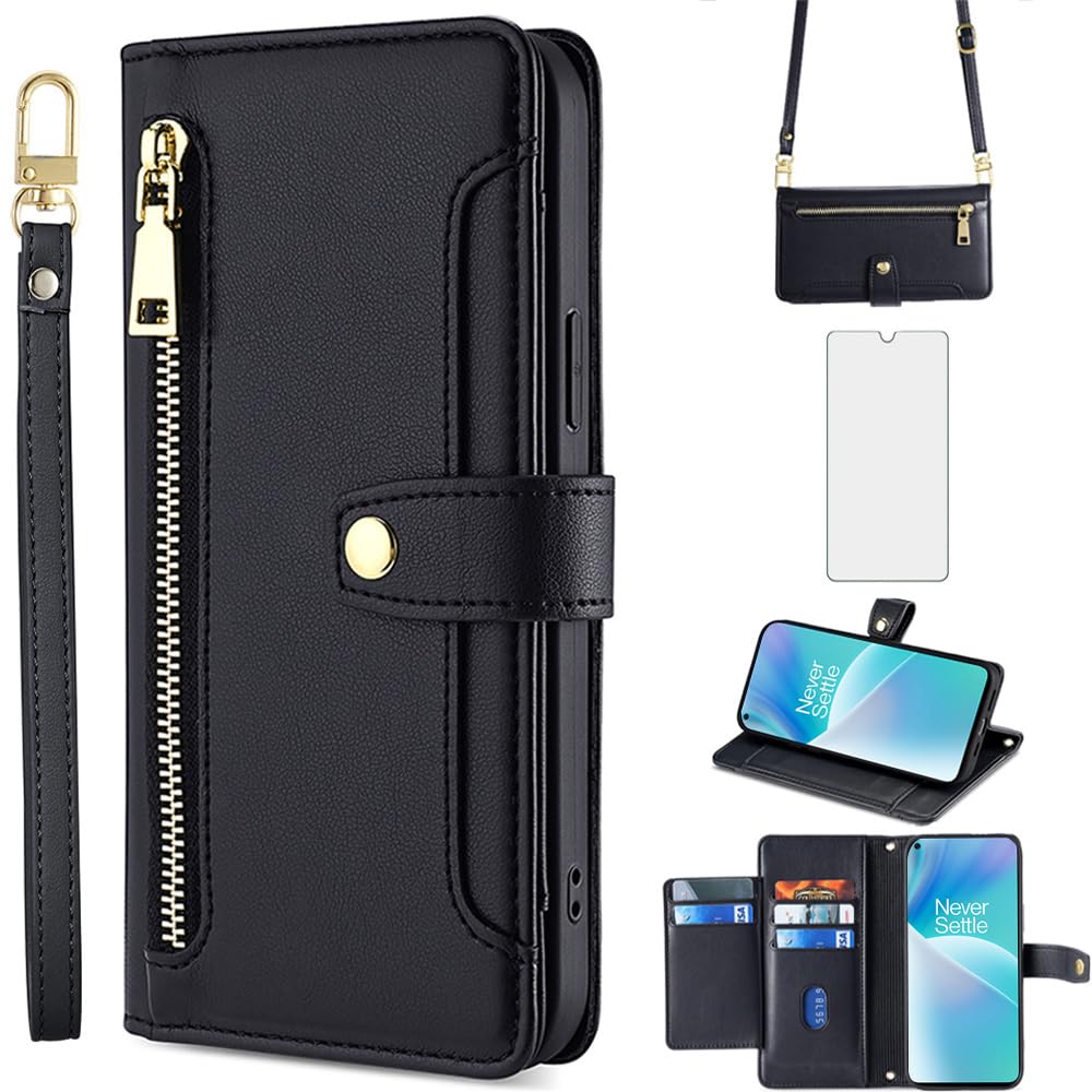 Asuwish Phone Case for OnePlus Nord 2T 5G Wallet Cover and Screen Protector Zipper Card Holder Slot Stand Leather Cell Accessories Protective One Plus On 1 Plus 1plus One+ 1+ Nord2T T2 Women Men Black