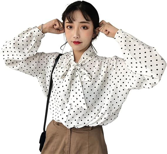 Amazon レディース ブラウス ドット柄 シャツ トップス リボン 長袖 ゆったり ゆるシルエット オシャレ 通勤 オフィス カジュアル ホワイト Tシャツ カットソー 通販