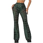 Milumia Women's Geometric Plaid Bell Bottoms Y2K Sheer Flare Leg Mesh Pants