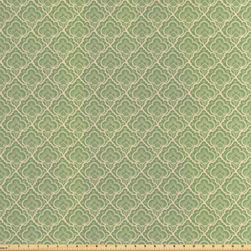 Lunarable Green Oriental Fabric by The Yard, Traditional Eastern Plant Geometric Motif Persian Ottoman, Decorative Satin Fabric for Home Textiles and Crafts, 3 Yards, Pistachio Green Beige