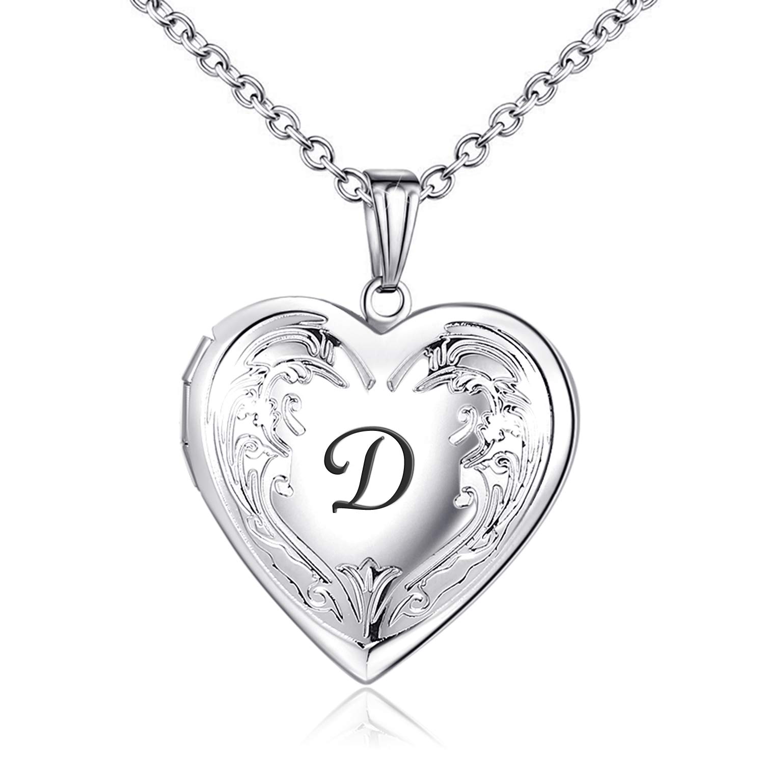 MUERDOU Locket Necklace that Holds Pictures Initial Alphabet Letter Heart Shaped Photo Memory Locket Pendant Necklaces D