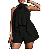 SweatyRocks Women's Plus Size Backless Halter Neck Wide Leg Romper Summer Ruffle Short Jumpsuit