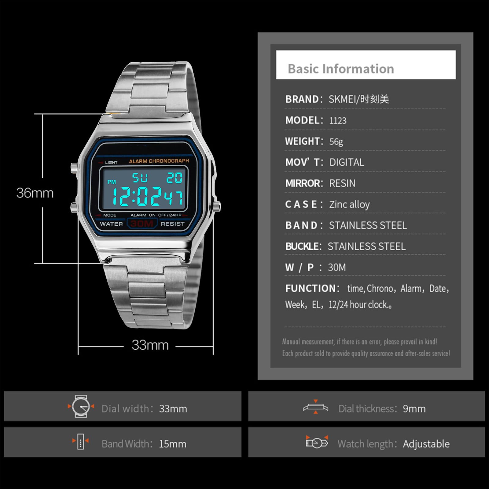Yuehuamech Men's Digital Quartz Watch, Luxury Business Watch 30 m Electronic Chronograph Waterproof Digital Watch Sports Watch with Stainless Steel Strap LED Backlight