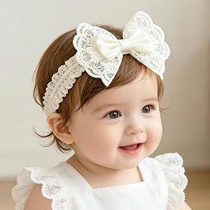 Yheahin Baby Girls Off-White Bow Lace Headband Cute Gauze Hair Bow with Pearl for Toddler Infant Elastic Bowknot Birthday Par