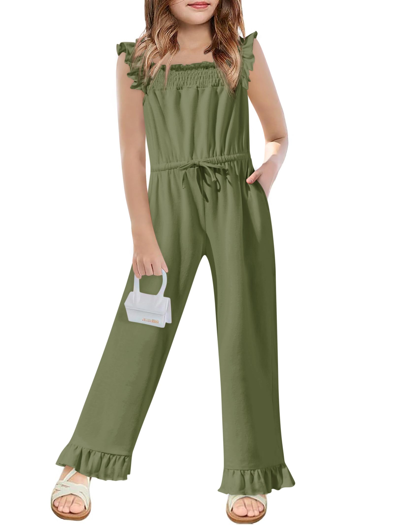 Photo 1 of Yousify Girl's Jumpsuits Sleeveless Square Neck Wide Leg Army Green One Piece Rompers Little Kid Big Kids 7-8 Years