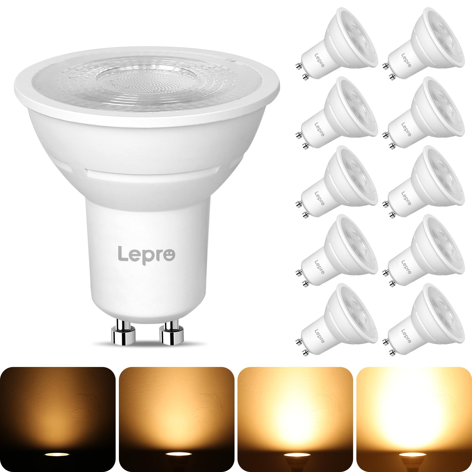 Lepro GU10 LED Bulbs Dimmable, Warm White 2700K, 4.5W 345lm, 50W Halogen Spotlight Bulb Equivalent, 38° Narrow Beam, Energy Saving GU10 LED Light Bulbs, Pack of 10
