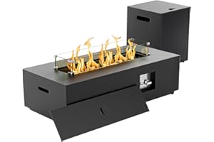 SUNPEAK 42" Rectangular Propane Fire Pit Table 50,000 BTU Fireplace Table with Wind Guard, Lid, Rocks and Cover - Fire Pits & Outdoor Fireplaces - Gas Fire Pits for Outside Patio (Black, 42")