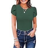 MISSJOY Womens Summer Short Sleeve Bodysuits Crew Neck Ribbed Petal Sleeve Stretchy Slim Fit Leotards Tops