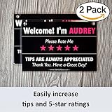 Personalized LYFT Tips & Ratings Sign, Removable Headrest Display Card Placard Decals (Custom Name Printed), Increase Tips & 5 Star Ratings --- Best Accessory for Rideshare Drivers (2 Pack)