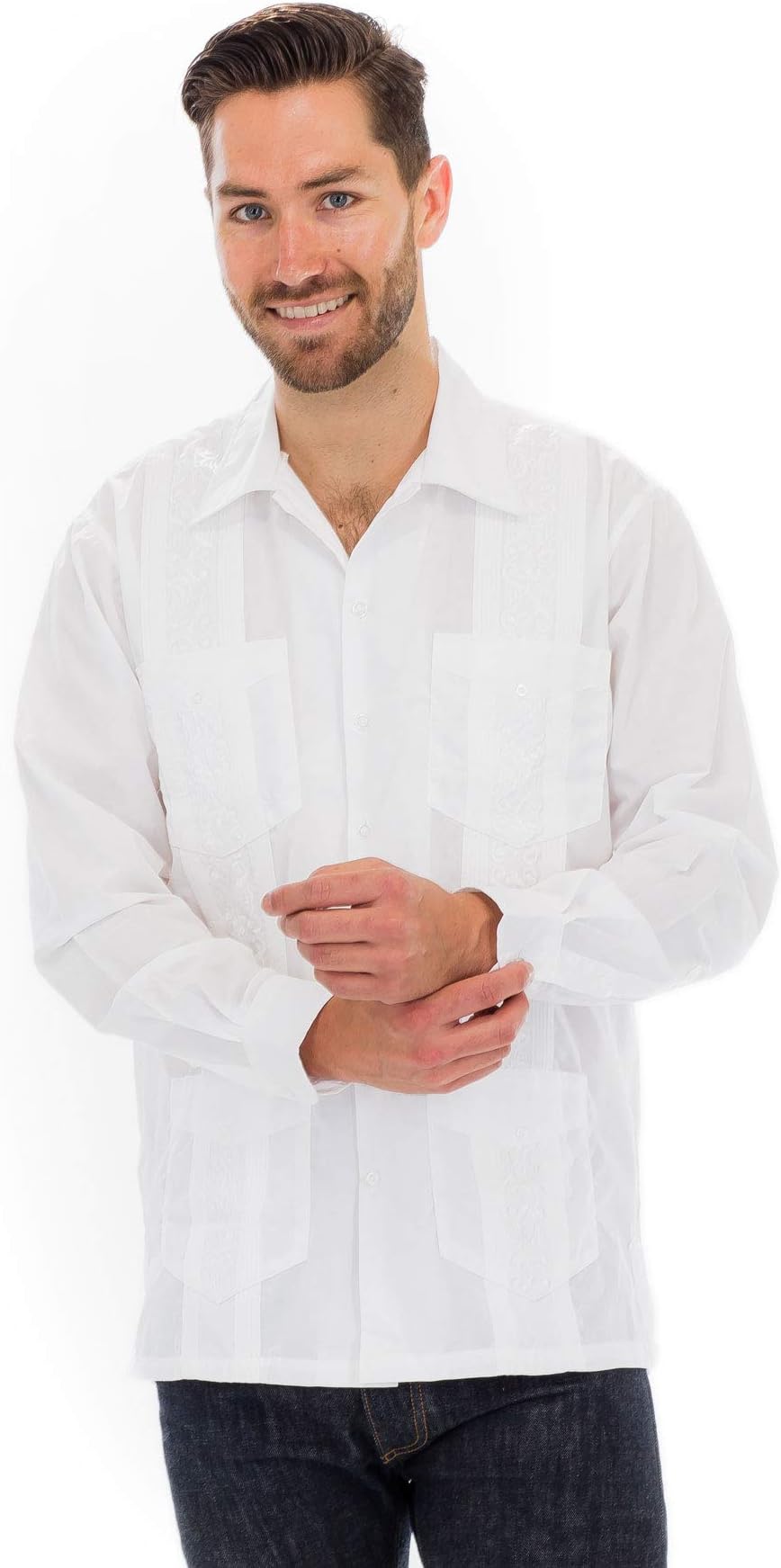 Squish Cuban Style Guayabera Shirt, Long Sleeve, White