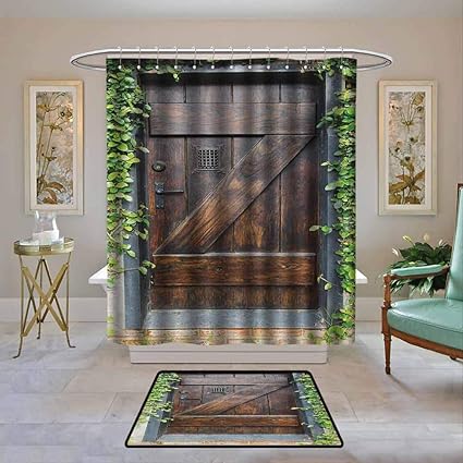 Fabric Shower Curtain Rustic Small Spanish Style Dark Stained Wood