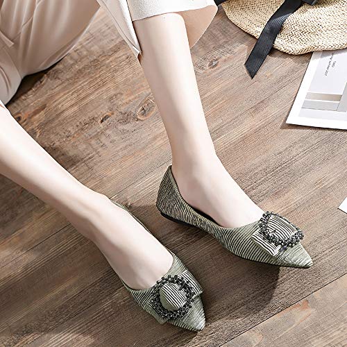 Meeshine Women's Pointy Toe Ballet Flats Comfortable Slip-on Classic Dress Shoes (Classic Buckle-Green US 9)