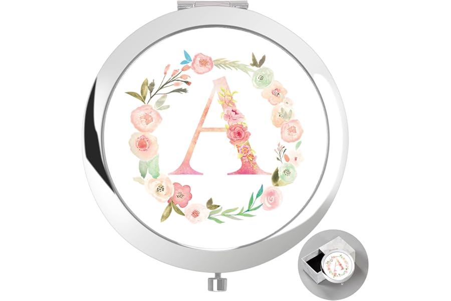 boutikpro Personalized Gift Initial Compact Mirror w Box for Women Sister Daughter Mom Wife, Floral Monogram Alphabet Silver Small Mirror Ideal Gift on Birthday, Christmas, Graduation (A, Silver)