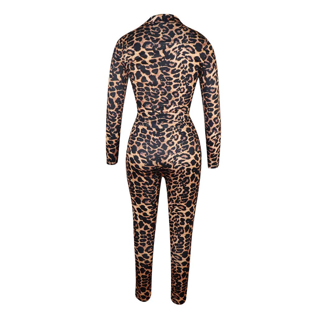 Two Piece Outfits for Women Clubwear - Sexy Leopard Print Long Sleeve Crop Top and Bodycon Pants Set Jumpsuit