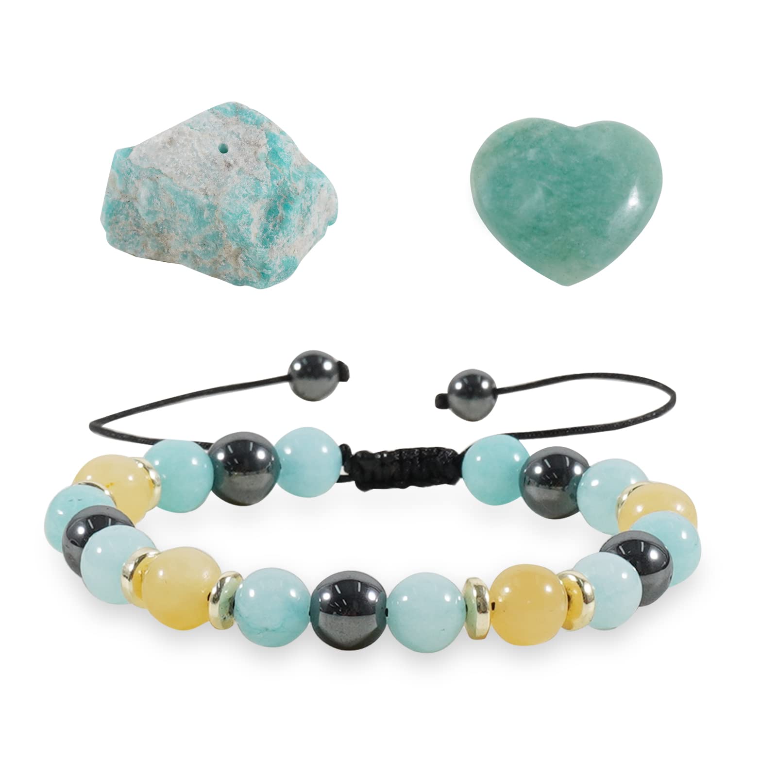Soulnioi Healing Crystal Natural Amazonite Crystal Incense Holder Burners and Love Pocket Stone and Green Agate Topaz Crystal Beaded Hand Woven Bracelet for Reiki Decoration Luck Gift