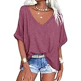 Langwyqu Women's Oversized T Shirts V Neck Short Sleeve Summer Casual Loose Tops Tees