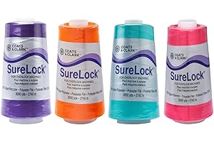 Coats & Clark - SureLock Serger Thread - 4 Cones (Purple, Tangerine, Bahama, Bright Fuschia)