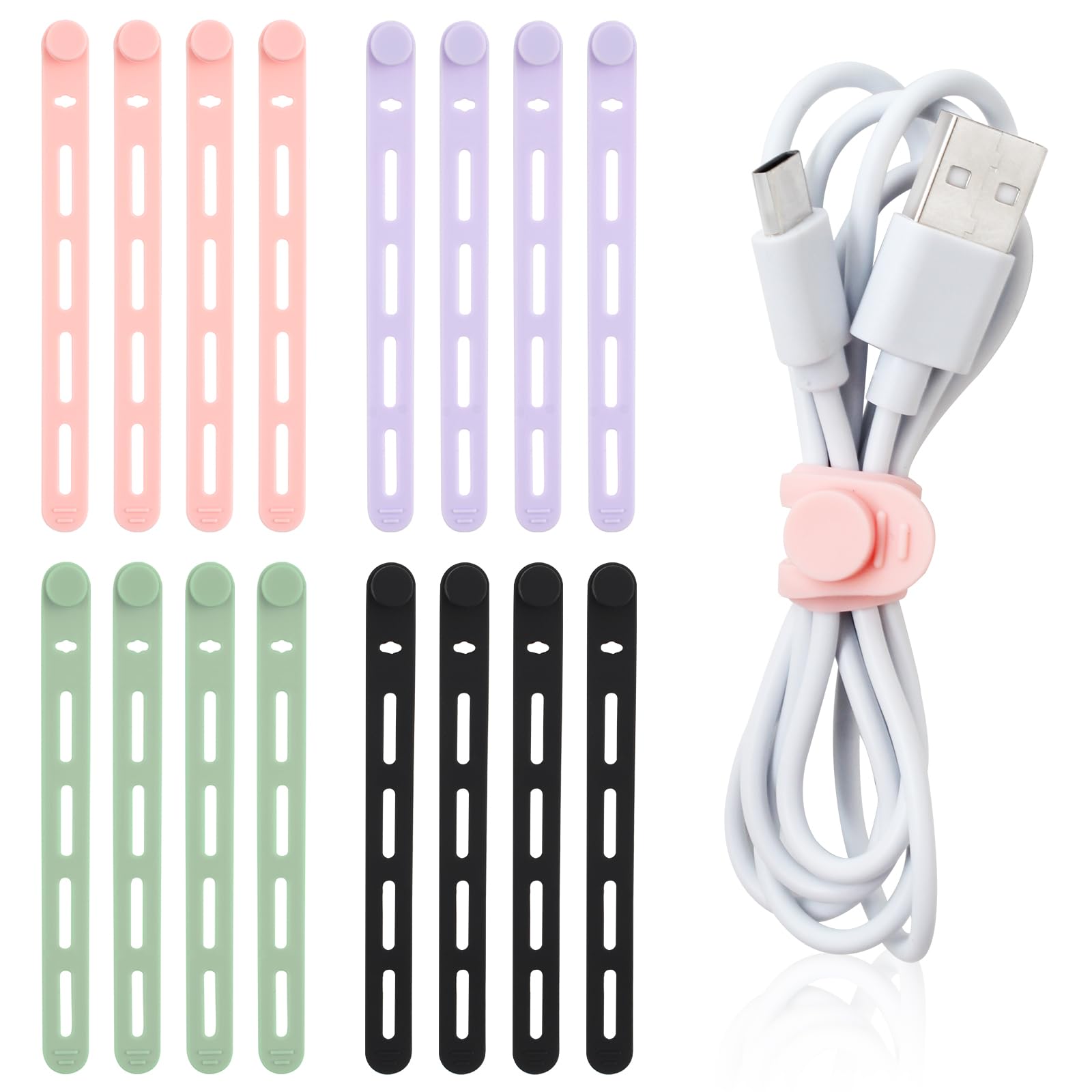 TamBee Cable Ties Reusable Silicone Cable Straps 16pcs Black Cable Wire Ties Cable Cord Organizers for Earphone Phone Charger Cable Computer (Mix-Color-4 Holes, 16Pcs)