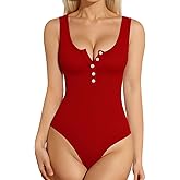 MANGOPOP Women's Henley Shirt Scoop Neck Button Down Ribbed Bodysuits Sleeveless Tank Tops Body Suit