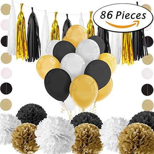 Paxcoo 86 Pcs Black and Gold Party Decorations with Balloons Tassel Garland and Paper Pom Poms for 20st, 30th, 40th, 50th, 60th, 70th,75th, 80th Birthday