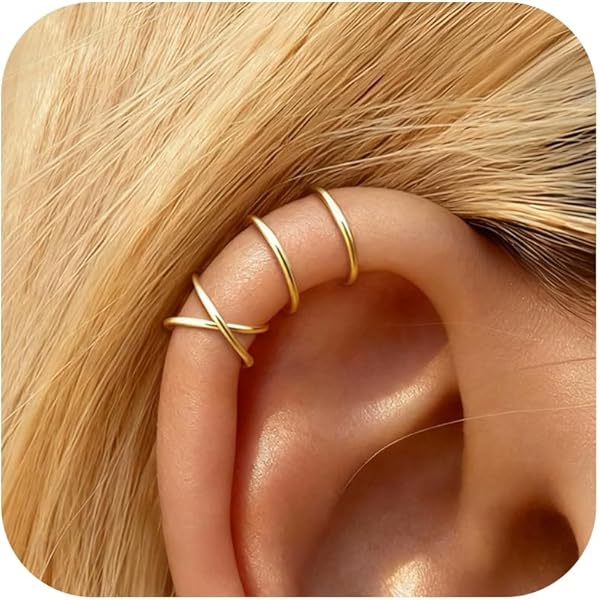 thumbnail image 2 of 14K Gold Plated Ear Cuffs Set - 5 Piece Non-Piercing Earrings For Sensitive Ears 2 of 12