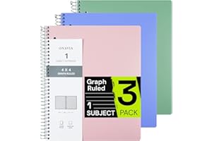 ONAVIA Spiral Notebook for School 3 Pack, 1 Subject, 4x4 Graph Ruled Paper, 100 Sheets, 9" x 11", 1 Divider with Pocket, 3 Hole Punched, Plastic Cover, 1/4" Grid Note Book Bulk, 3 Aesthetic Colors