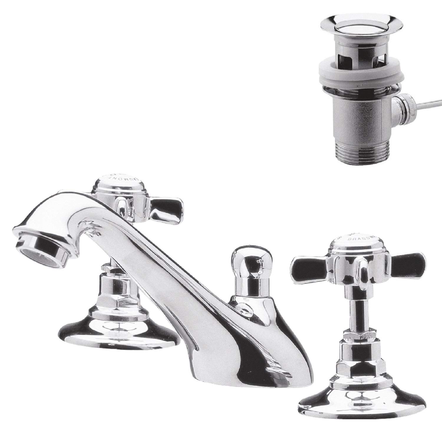 nuie I307X Beaumont Traditional Bathroom Crosshead Handle 3 Tap Hole Basin Mixer Tap with Pop-Up Waste, 85 x 50 x 165mm , Chrome