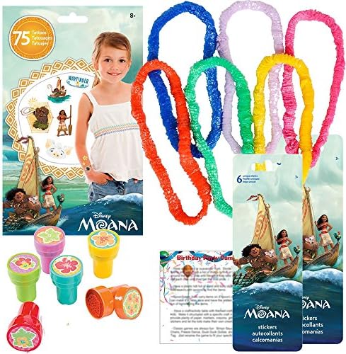Moana Party Favors For 12 - Moana Sticker Sheets (12), Moana Tattoos (75), Luau Flower Stampers (12), Party Game Ideas and 12 Tropical Leis (Multi-Colored)