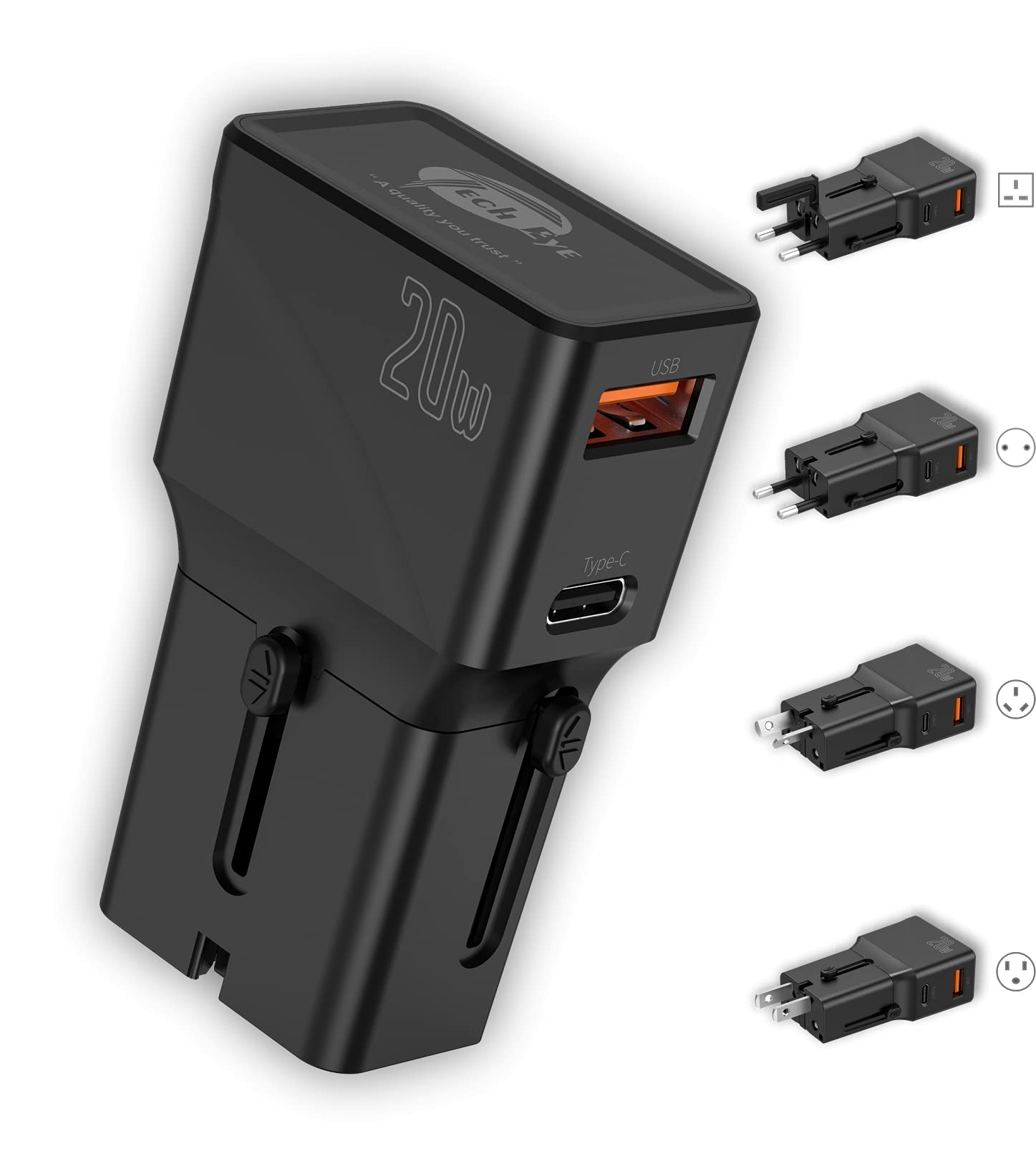 TechEye Black Travel Adapter Worldwide – USB-C + QC3.0 Dual Port, 25W Fast Charging Plug for iPhone 16/15/14/13/12, Samsung S25/S24/23, Fold, Note20 & More – Slim, Smart, and Portable