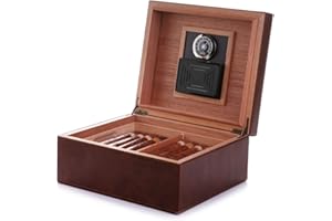 MEGACRA BESTISAN Cigar Humidor, Handcrafted Real Solid Spanish Cedar Wood Tray and Divider, Elegant Leather Cigar Storage Box with Glass Hygrometer and Rectangle Humidifier, Holds 50-100 Cigars, Men's Gift