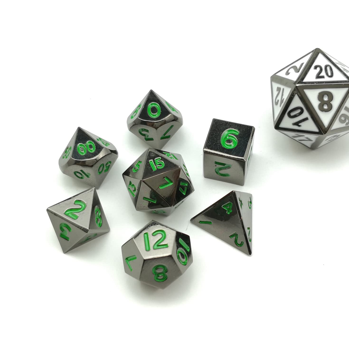 Bescon 10MM Mini Solid Metal Dice Set Glossy Metallic Surface with Green Numbers, Mini Metal Polyhedral D&D RPG Miniature Dice 7-set