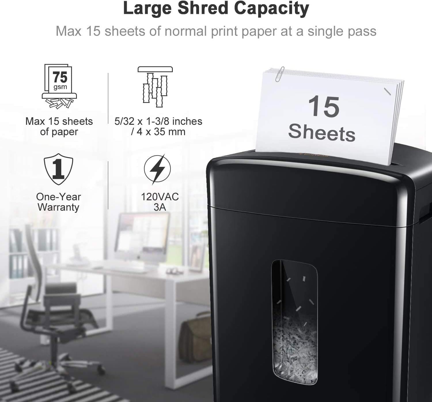 Bonsaii Updated 15-Sheet Cross-Cut Paper Credit Card Shredder for Office with 5.3 Gallon Pullout Basket and 4 Casters, 30 Minutes Running Time, Black (C221-A) : Electronics