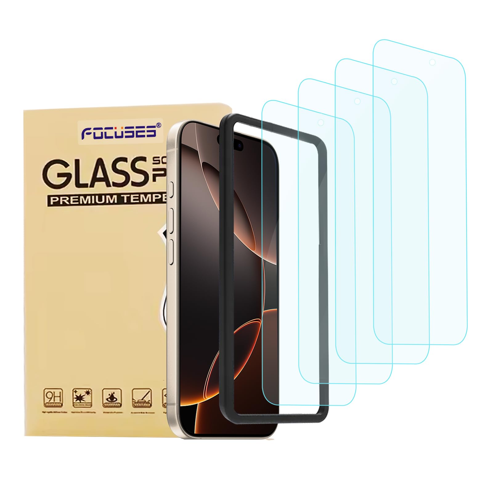 Photo 1 of Focuses 4 Pack Anti Blue Light Screen Protector for iPhone 16 Pro Max [6.9 inch] with Installation Frame,9H+ Anti Blue Light Tempered Glass, Anti-Scratch, Case Friendly