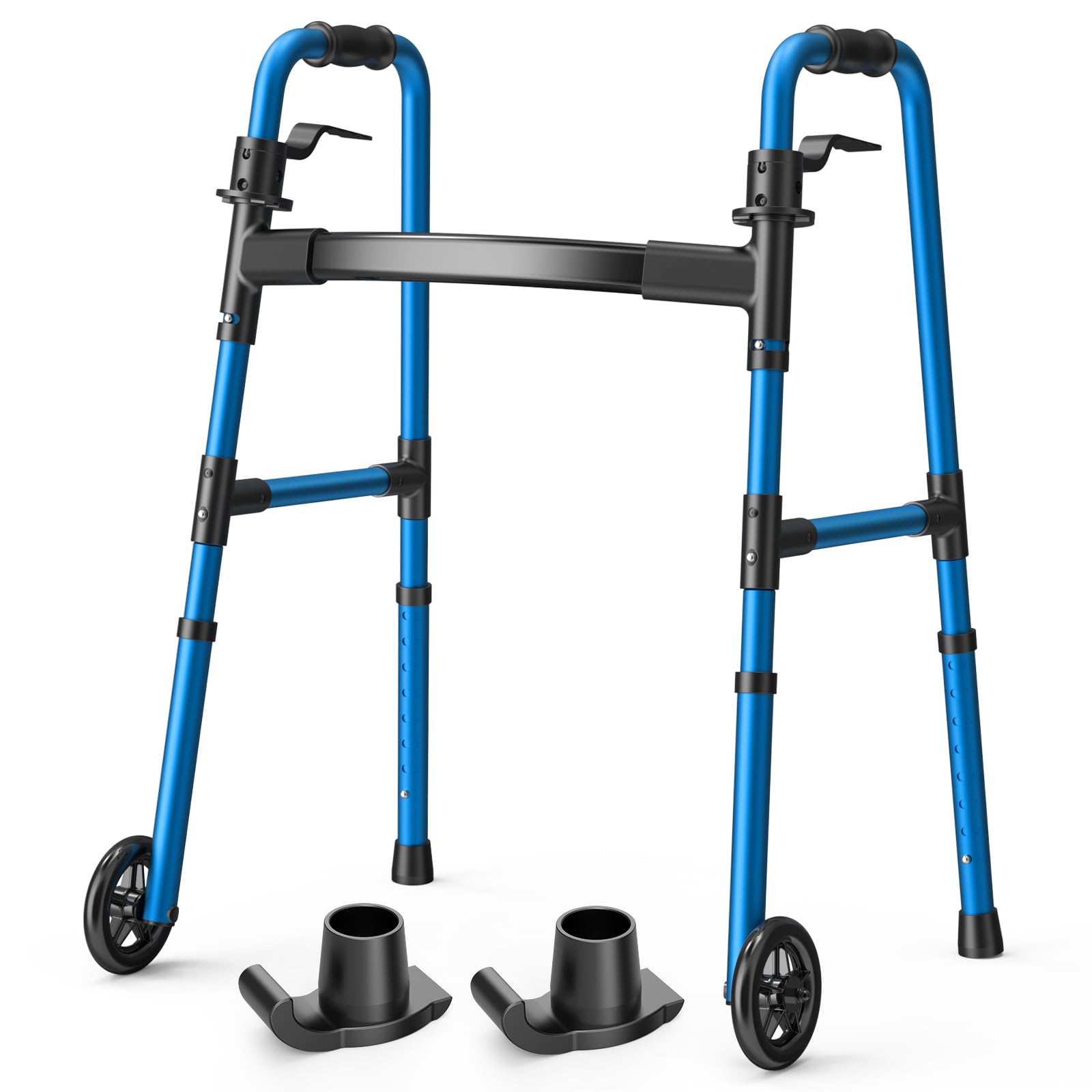 Photo 1 of Loyoda Folding Walker with 2 Skis and 5" Wheels, Lightweight Walkers for Seniors and Adults, Supports Up to 350 Pounds, Adjustable Height, Compact Standard Walker, Blue